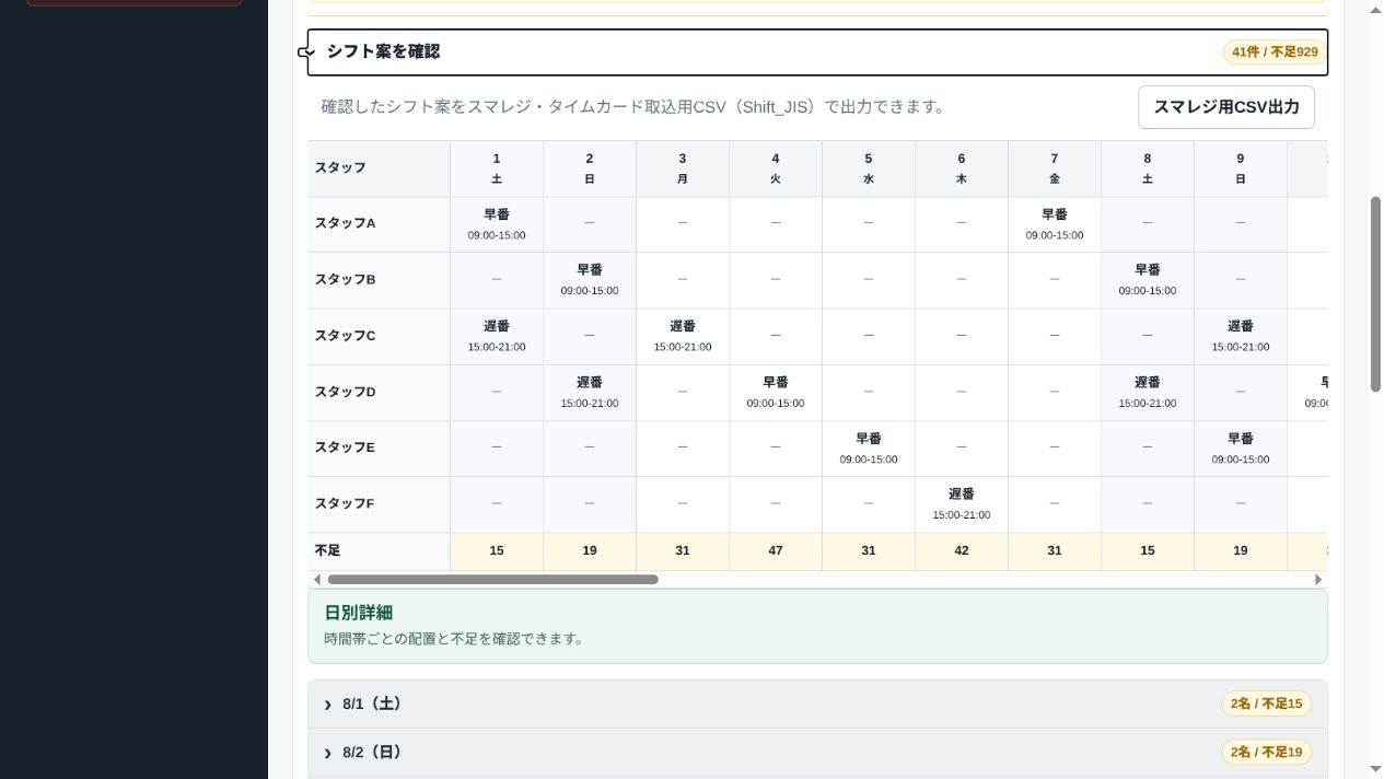 月間シフト画面